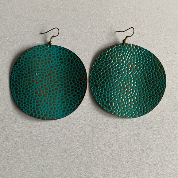 Large Turquoise Patterned Round Earrings - Picture 1 of 3